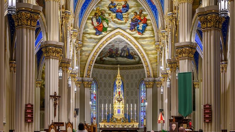 圣心大教堂有华丽的白色圆柱，中殿两侧有金色和蓝色的细节. 高高的拱形天花板上覆盖着描绘天景的精美壁画. 这幅画的中心是一座天主教圣坛，一座高大的金色神龛塔两侧各有三支蜡烛.