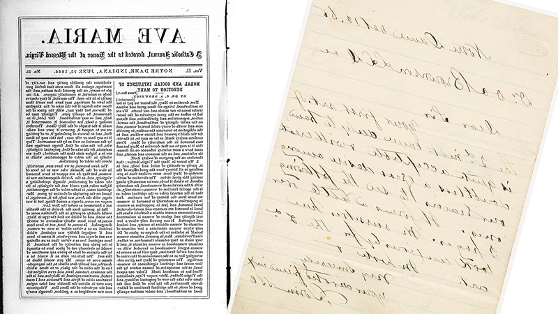 左边是爱德华·索林神父写给奥瑞斯特斯·布朗森的一封手写信件，右边是布朗森为《圣母颂》写的一篇文章的扫描图像.